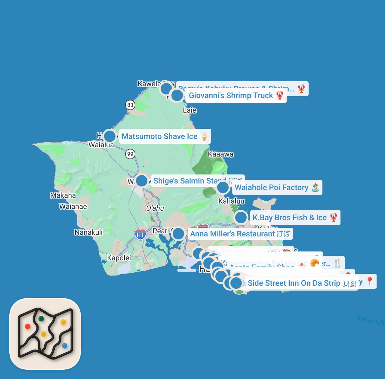 Map preview for The ULTIMATE HAWAII FOOD GUIDE: 25 Must Try Foods! || & 65+ Local Spots in Oahu, Hawaii