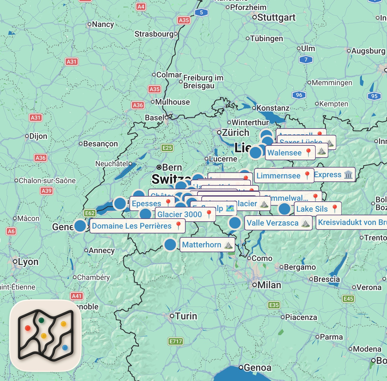 Map of 28 spots from Top 25 Places To Visit in Switzerland - Travel Guide