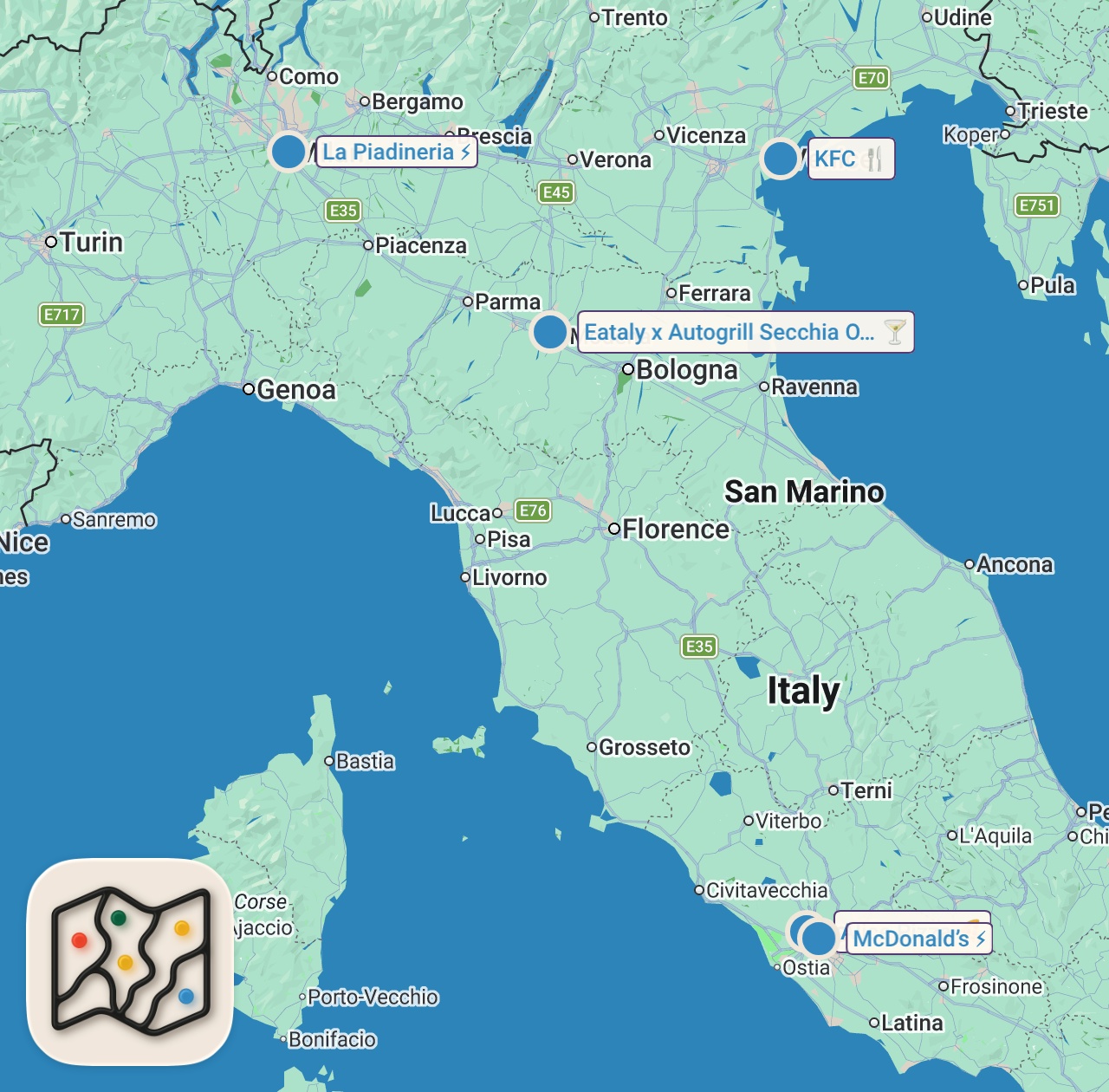 Map of 5 spots from This Is Fast Food in Italy!! I Couldn't Believe It!!