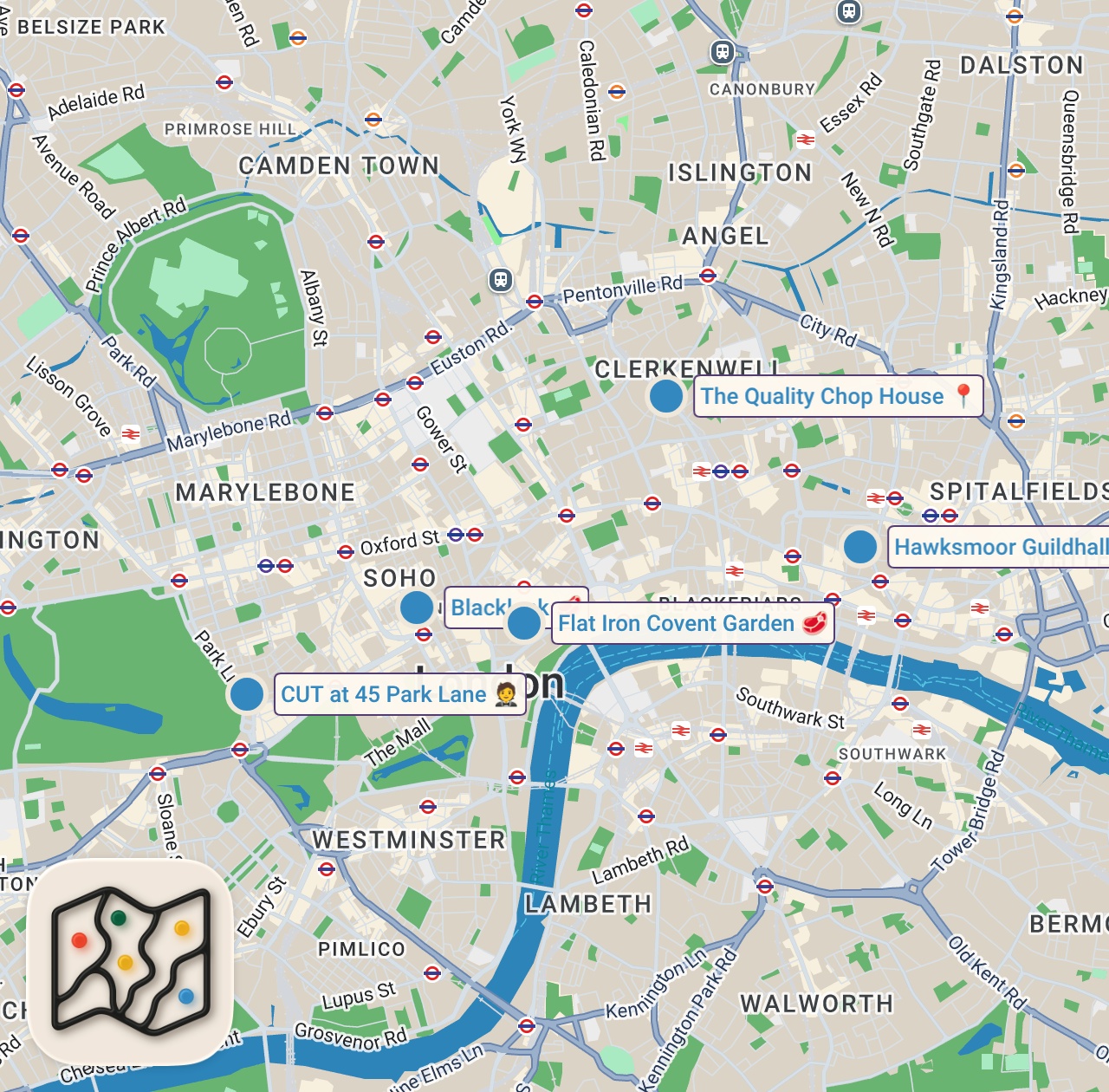 Map of 5 spots from I Ate London’s Best Steak