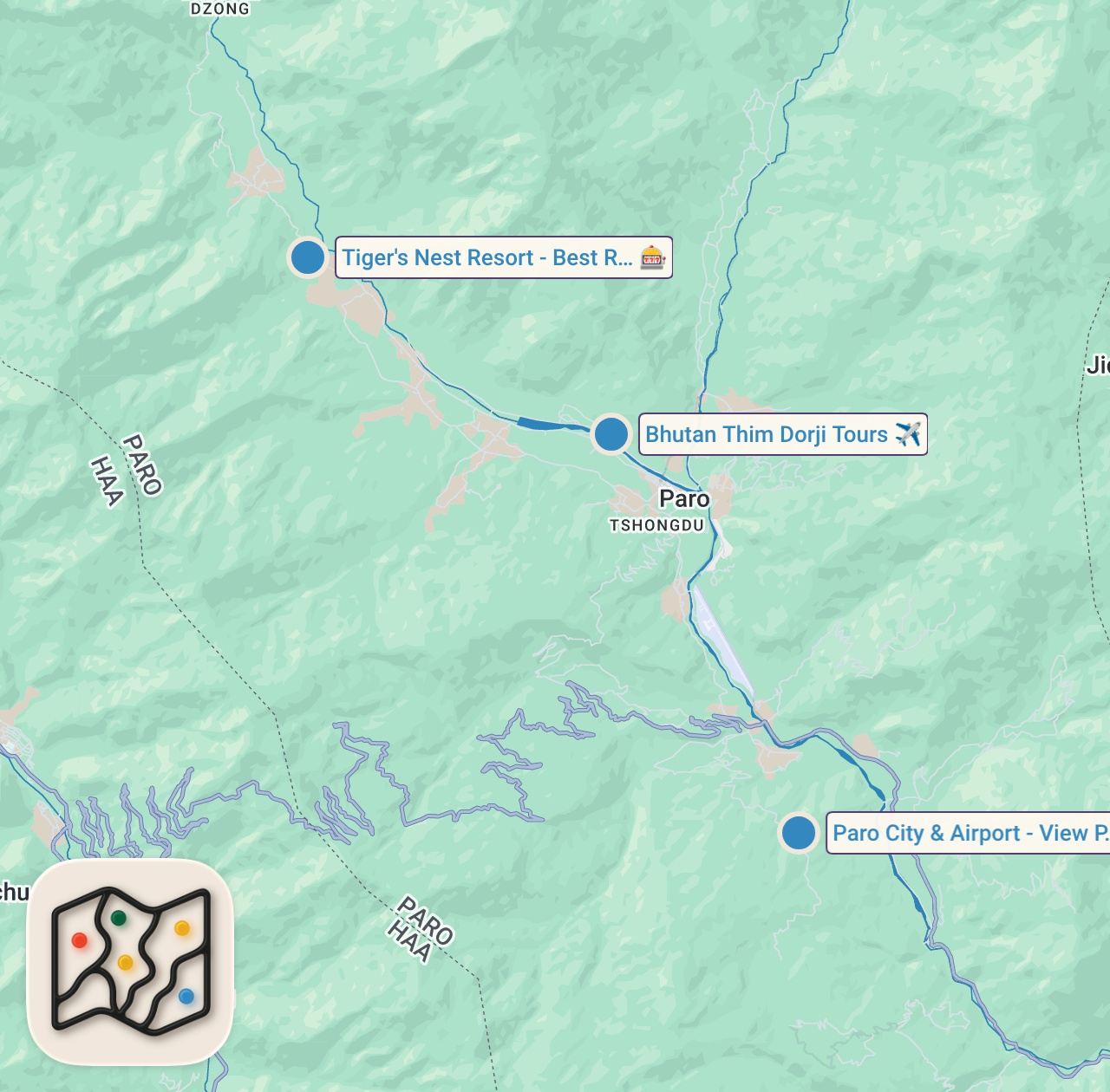 Map of 3 spots from Solo In Dragon Kingdom | The Most Expensive Country In South Asia?  - Shopping In Paro, Bhutan 🇧🇹