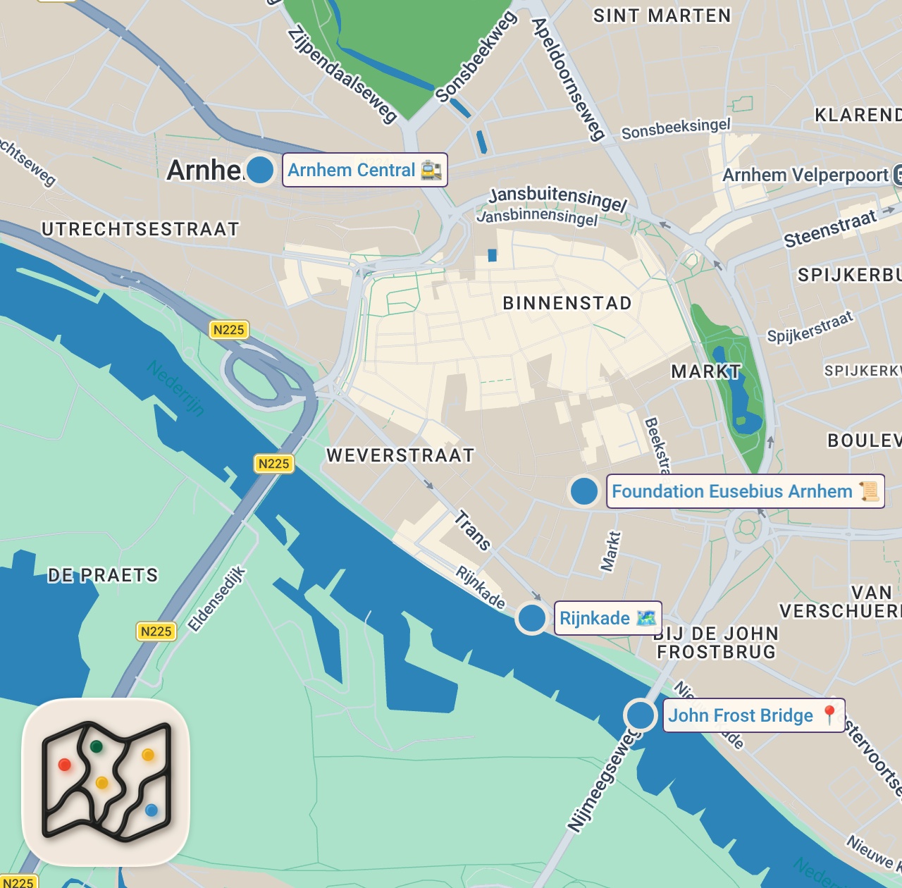 Map preview for 🇳🇱 Arnhem Walking Tour 4K – Explore the Netherlands’ Historic City on Foot@TravelwithHugoF