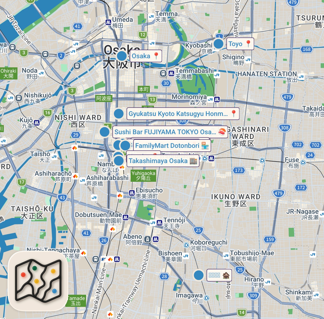 Map of 11 spots from OSAKA FOOD GUIDE | Takoyaki, Tamago Sando, Okonomiyaki, Maguro Hoho Niku