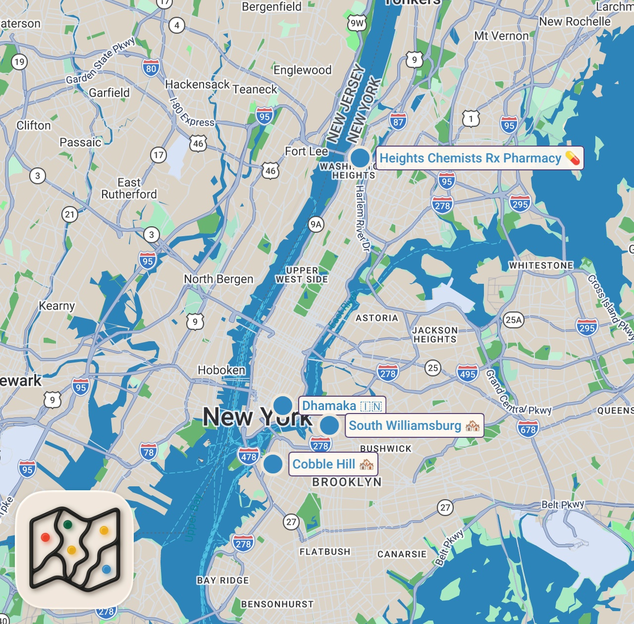 Map of 4 spots from Asking Millionaires in NYC to Cook for Them in Their Home