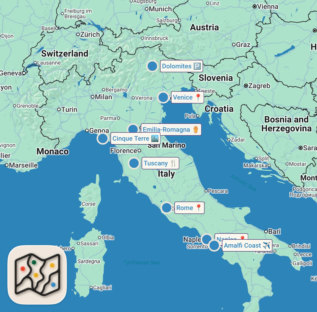 Map of 8 spots from Where to Go in Italy: 15 Places in 15 Minutes