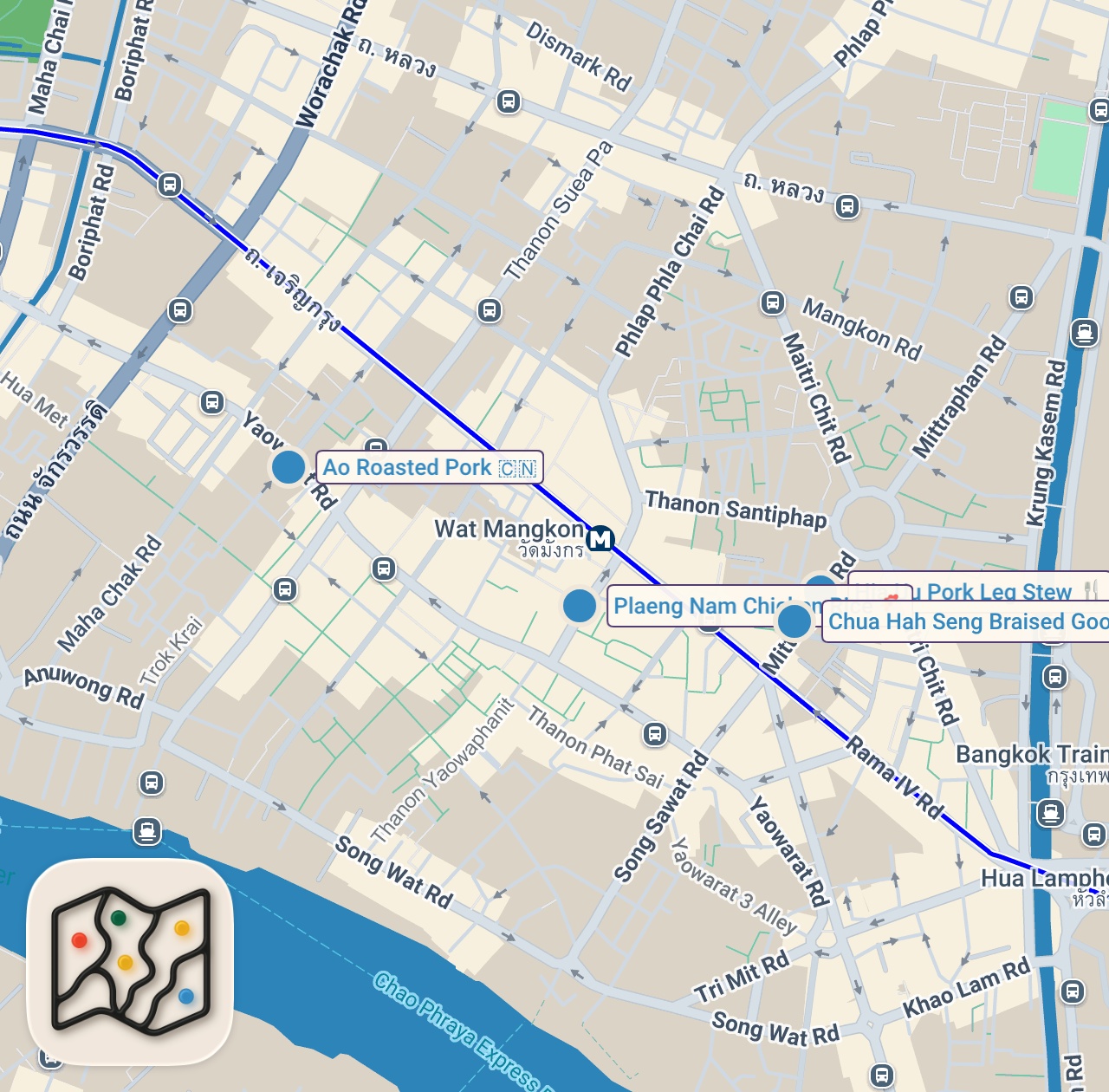 Map of 4 spots from 7 AM Thai Street Food Tour!! BREAKFAST HEAVEN in Bangkok, Thailand!!