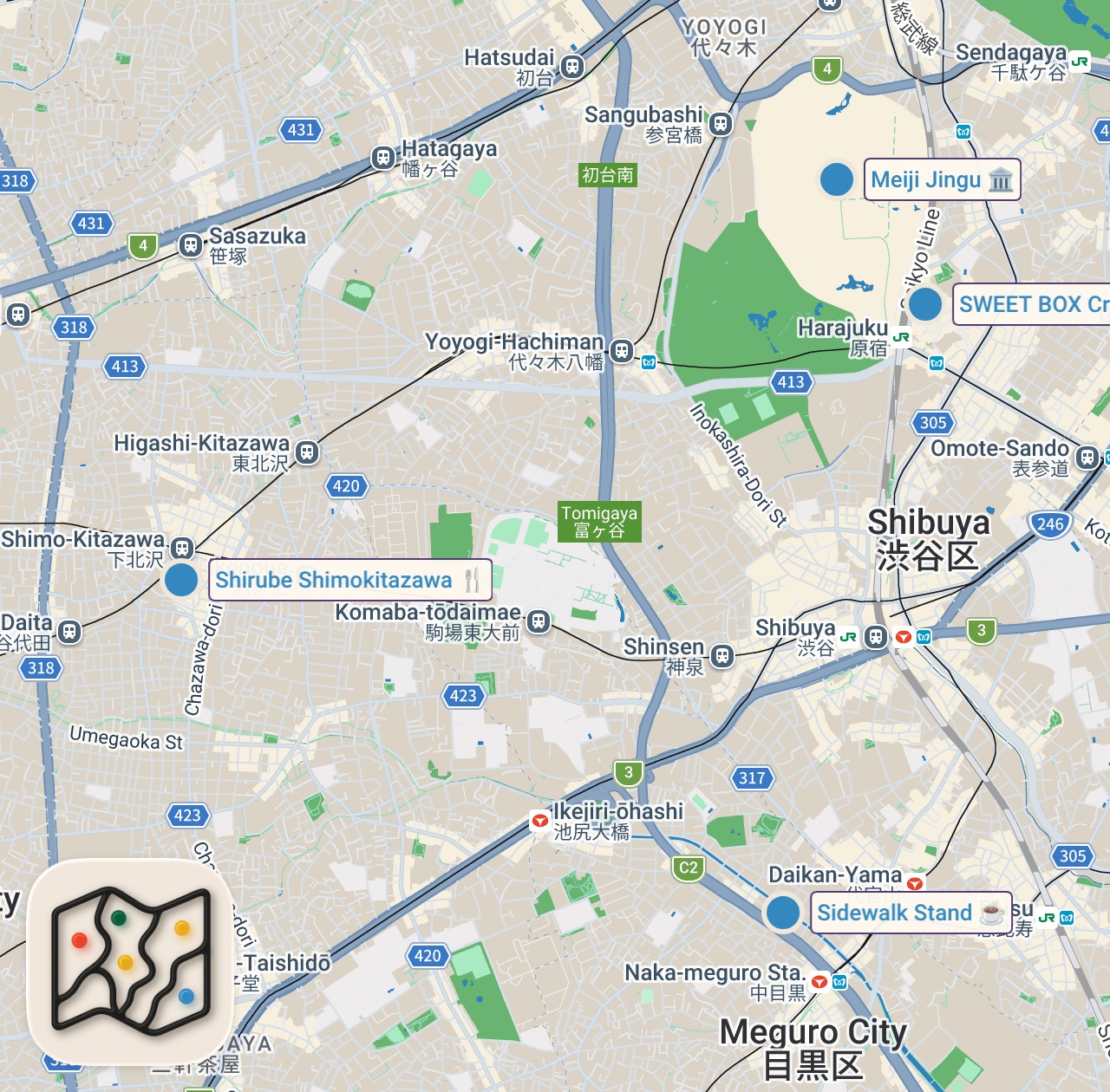 Map of 4 spots from 24 Hours in Tokyo | Japan Budget Travel Guide
