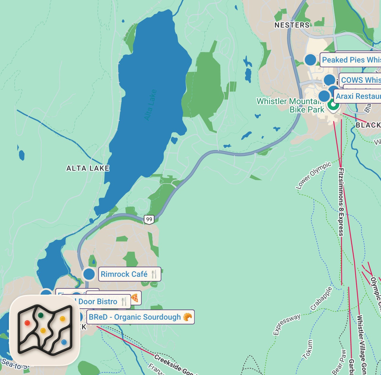 Map of 13 spots from The Perfect Whistler Weekend Getaway 🏔️🥧 Food Guide, Hikes & Our 5-Year Anniversary