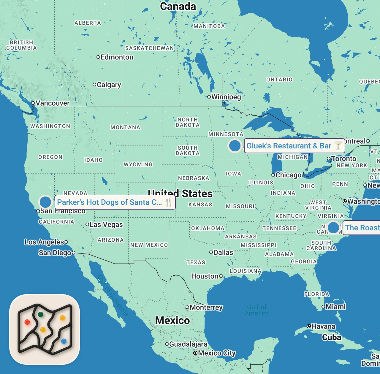 Map of 4 spots from Adam’s No Weenie! 🌭 Hot Dog & Sausage Challenges | Man v. Food | Travel Channel