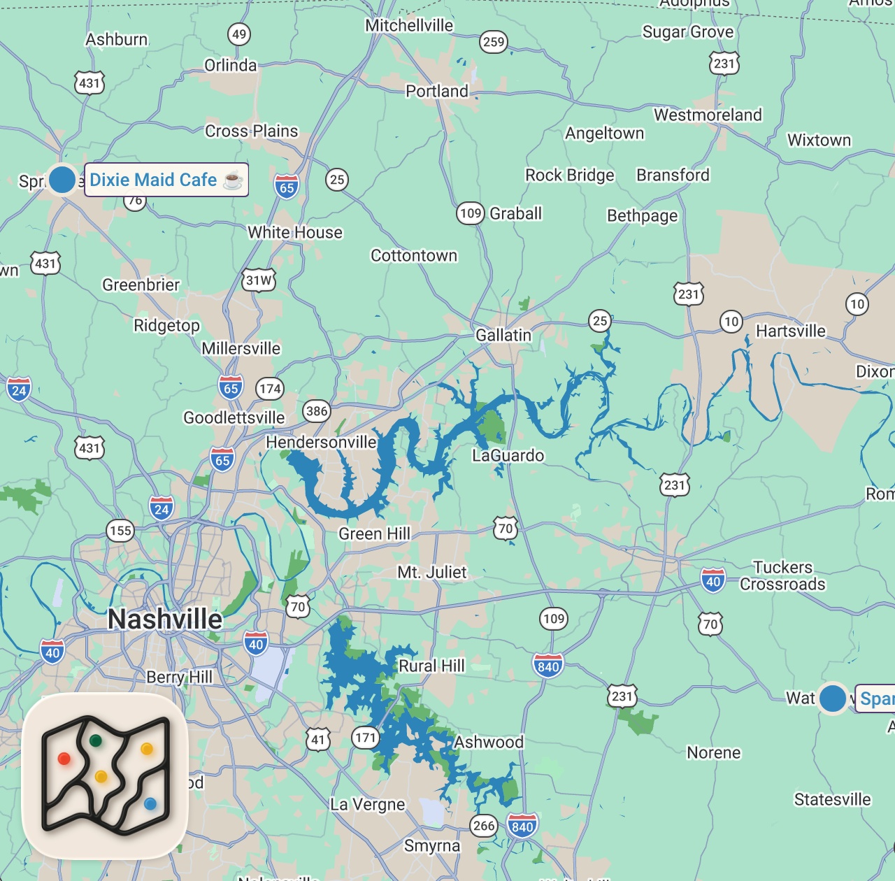 Map of 2 spots from Eating at SKETCHY Restaurants For 24 Hours... (Tennessee)