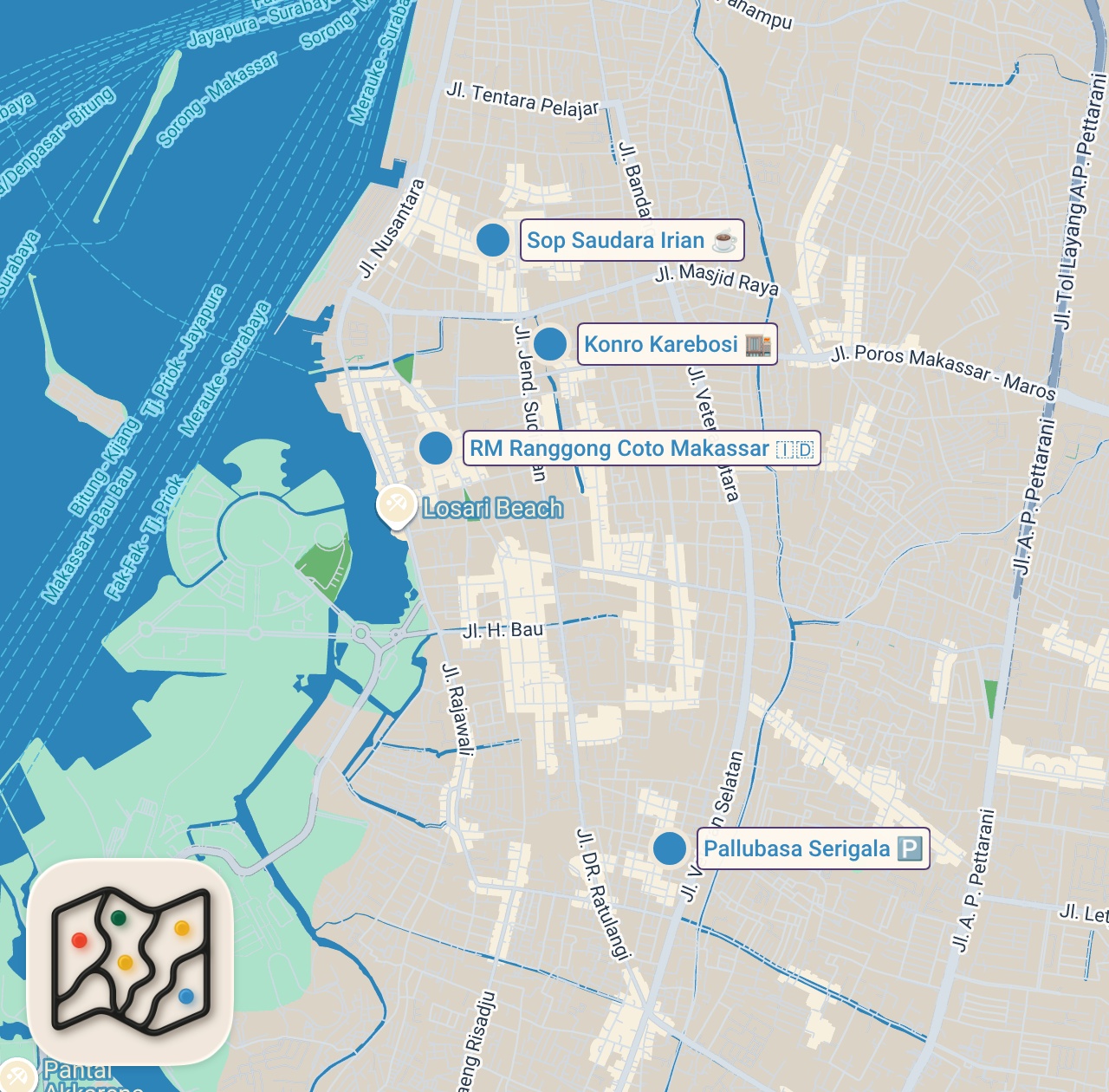Map of 4 spots from Finally in Makassar!! BEEF RIBS MOUNTAIN + Most Famous Food in Makassar, Indonesia!