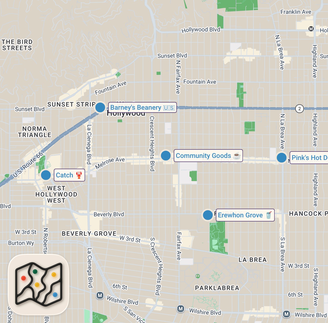 Map of 6 spots from I Tried LA's Most Overrated Food