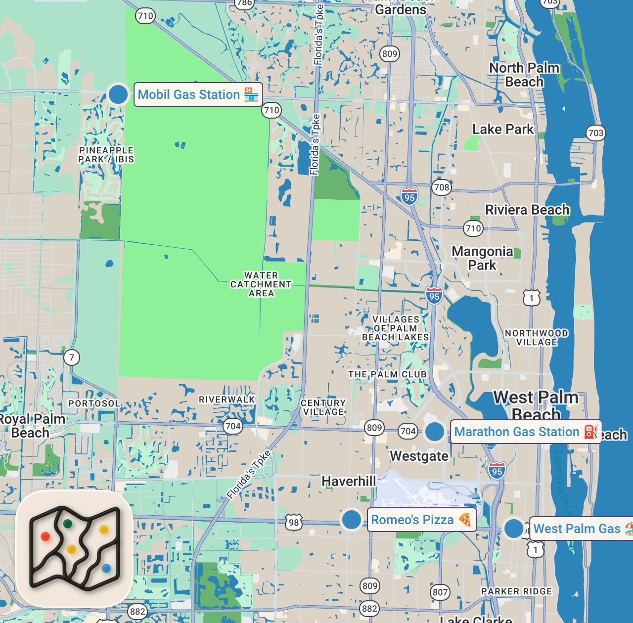 Map of 4 spots from Eating at Gas Station Restaurants For 24 Hours...