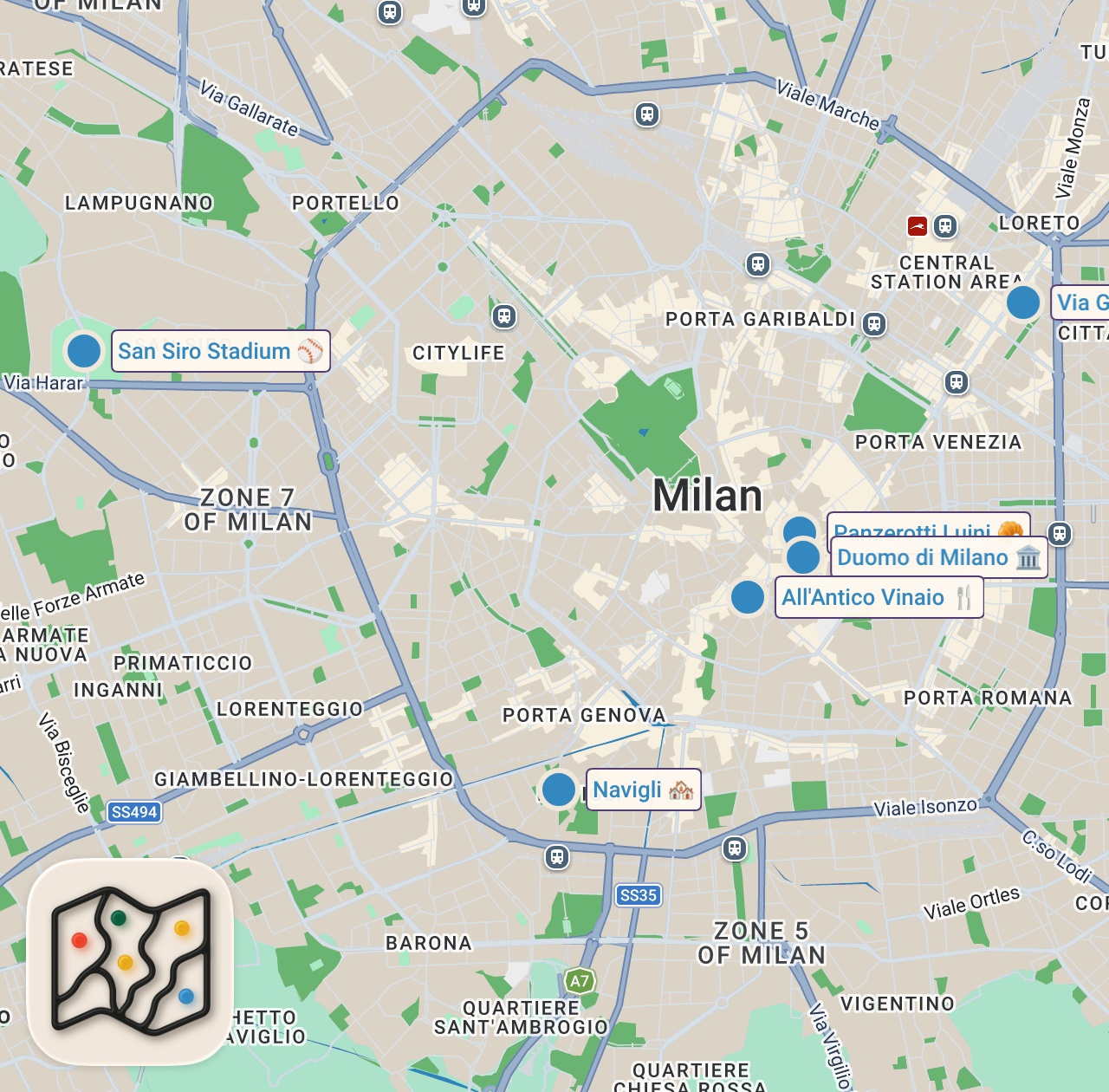 Map of 6 spots from MILAN | STREET FOOD, PIZZA AND BARS | ONLY SCRANS
