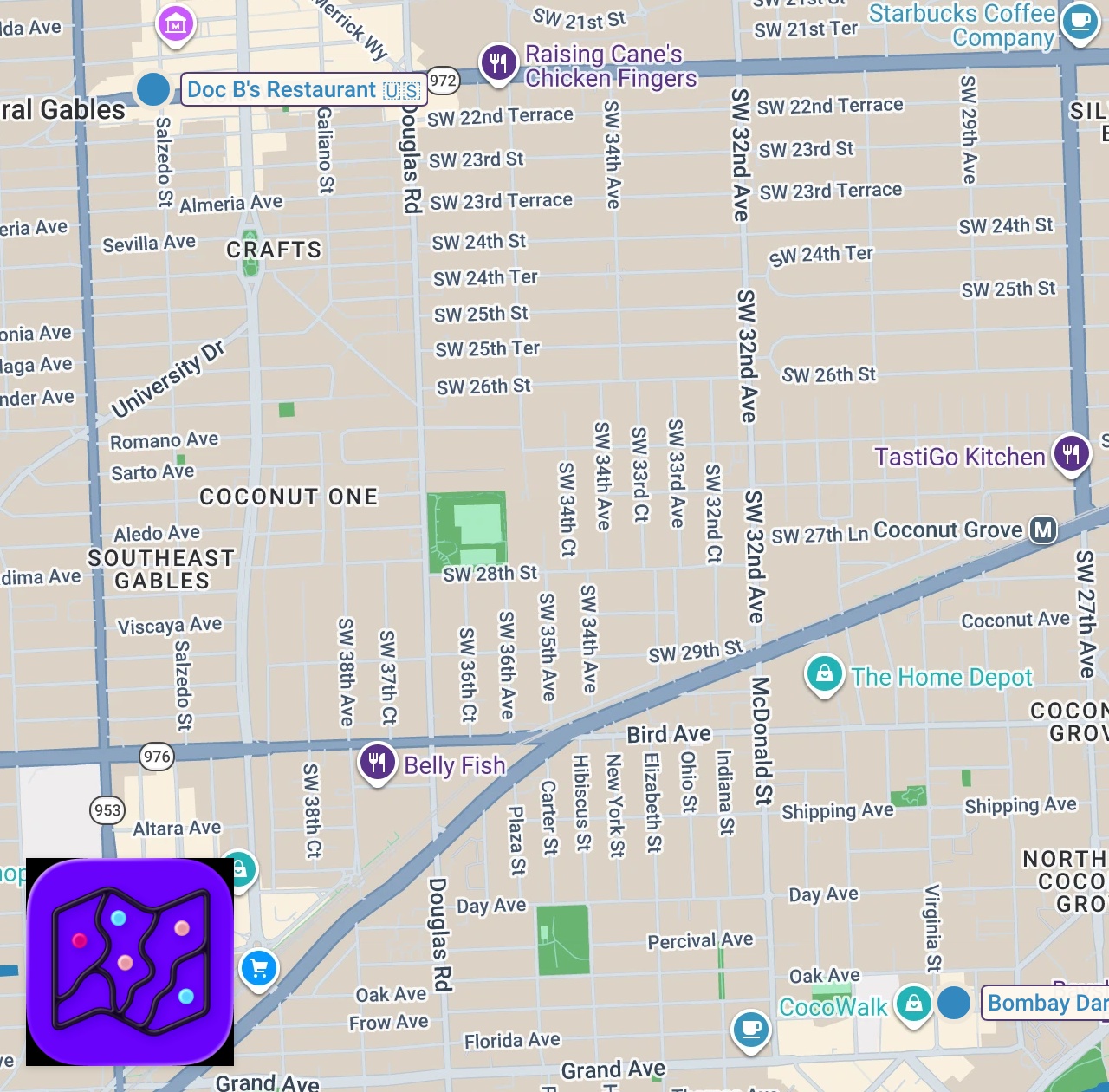 Map of 2 spots from Butter chicken cheese pizza in Miami with @DoorDash