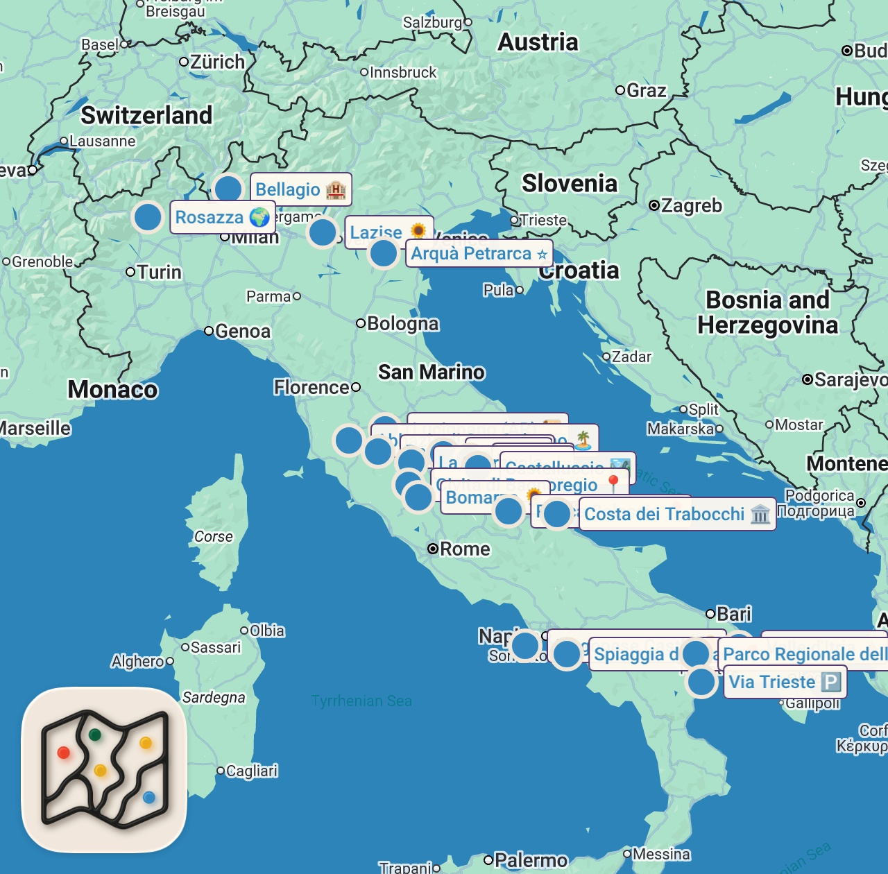 Map of 20 spots from 20 posti magici da vedere in Italia