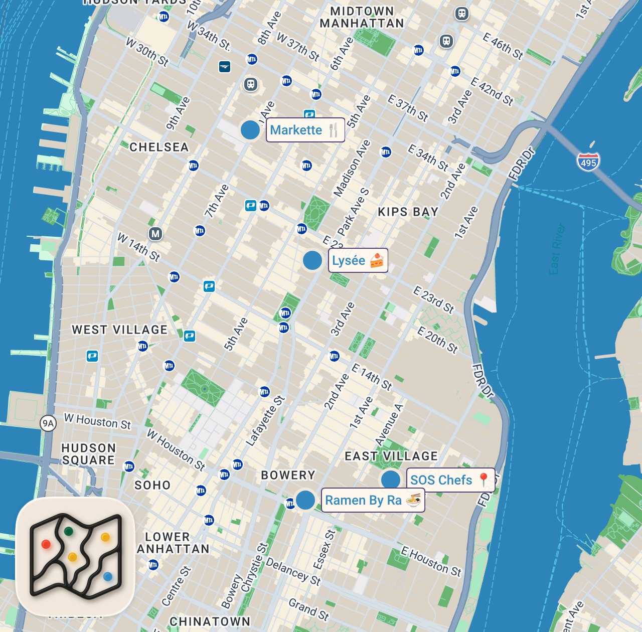 Map of 4 spots from This Pastry Chef's Favorite BEC Is Served on a Bao Bun — Chef's Day Off