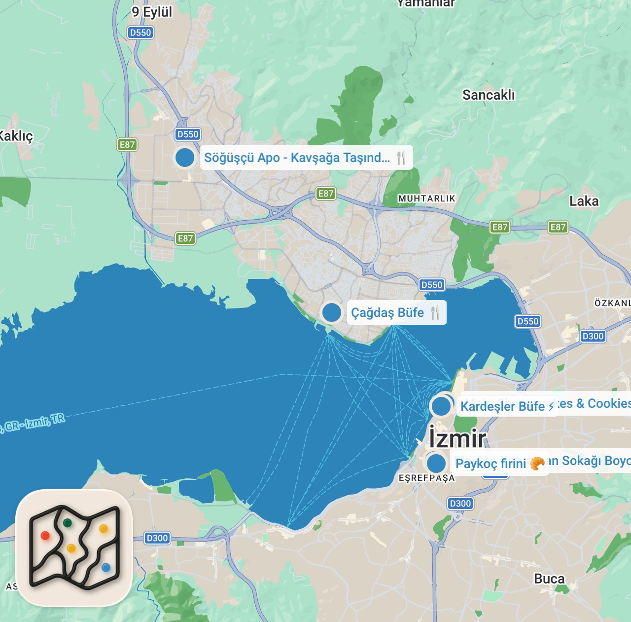 Map preview for İZMİR'İN AYAKÜSTÜ LEZZETLERİ - (Boyoz, söğüş, dilli kaşarlı, banana pudding) - Ayaküstü Lezzetler