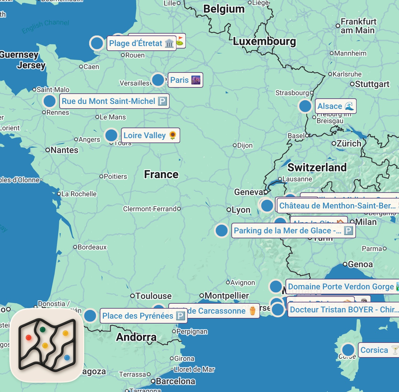 Map of 20 spots from Top 25 Places To Visit in France - Travel Guide