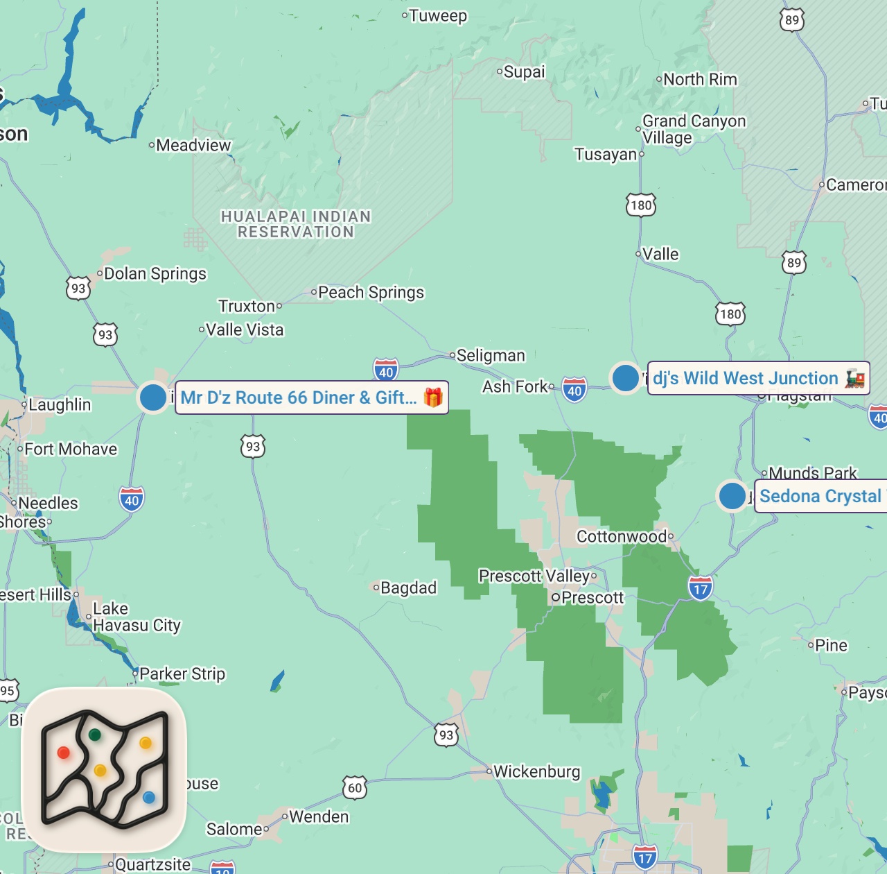 Map of 3 spots from Route 66 Motorcycle Road Trip |  Arizona Cowboys, Hot Rods & Diners