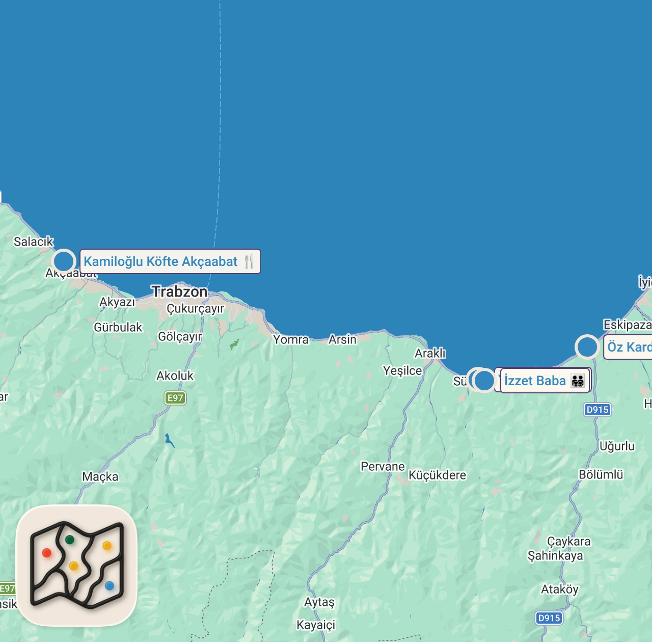 Map of 4 spots from TRABZON LEZZET REHBERİ | Kuzu Haşlama, Akçaabat Köftesi, Karadeniz Döneri, Sürmene Pidesi