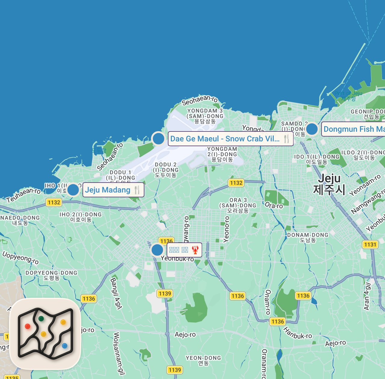 Map of 4 spots from Jeju Island Korean Seafood Tour!! (From $1 to $350)