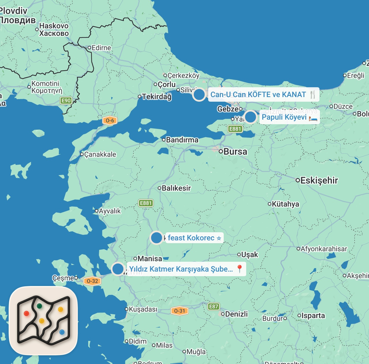 Map preview for İSTANBUL'DAN BODRUM'A YİYE YİYE GİTTİK (2022) VLOG #6 - Ayaküstü Lezzetler