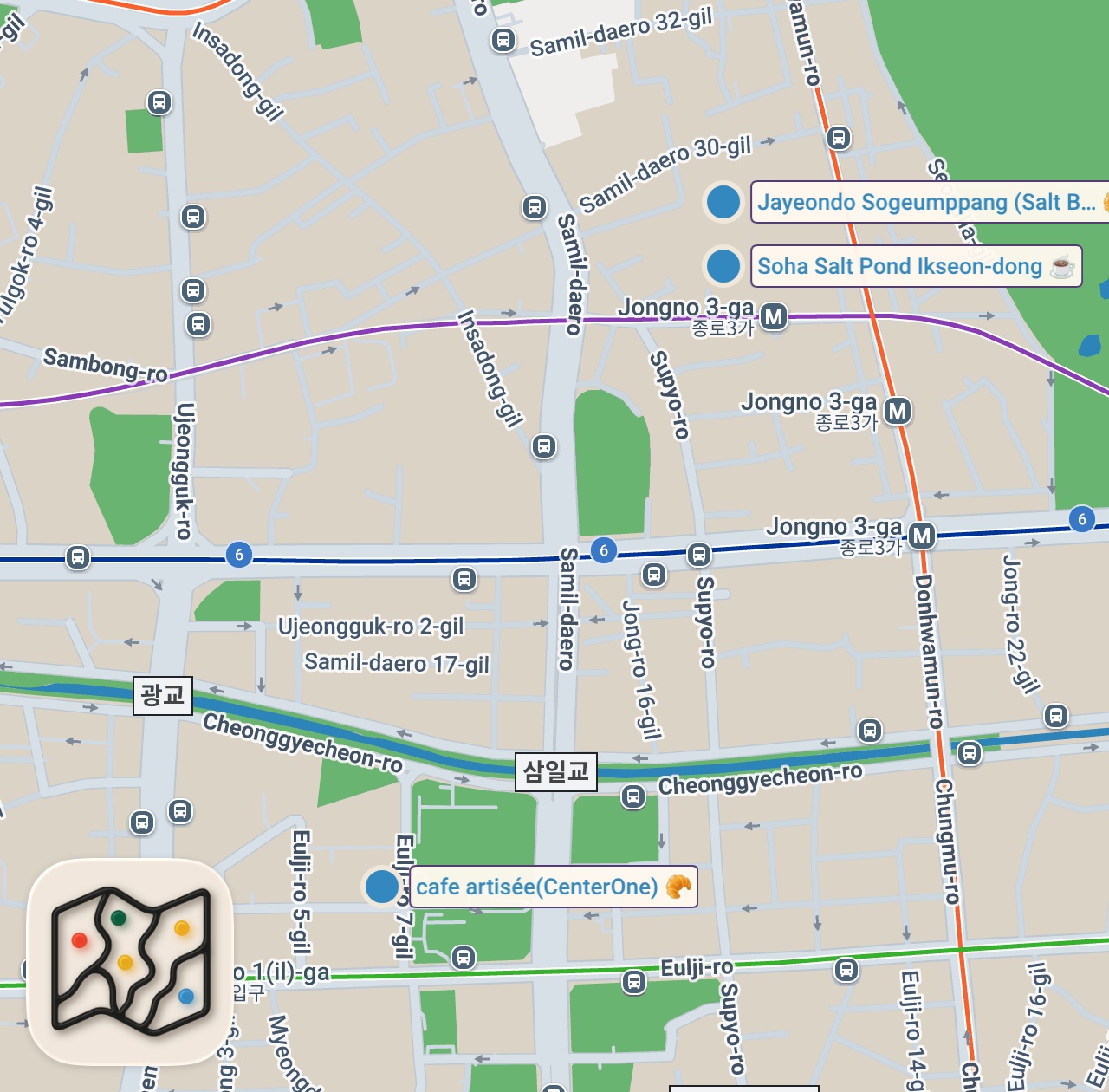Map of 3 spots from 3 Must Eat Korean Salt Breads in Seoul