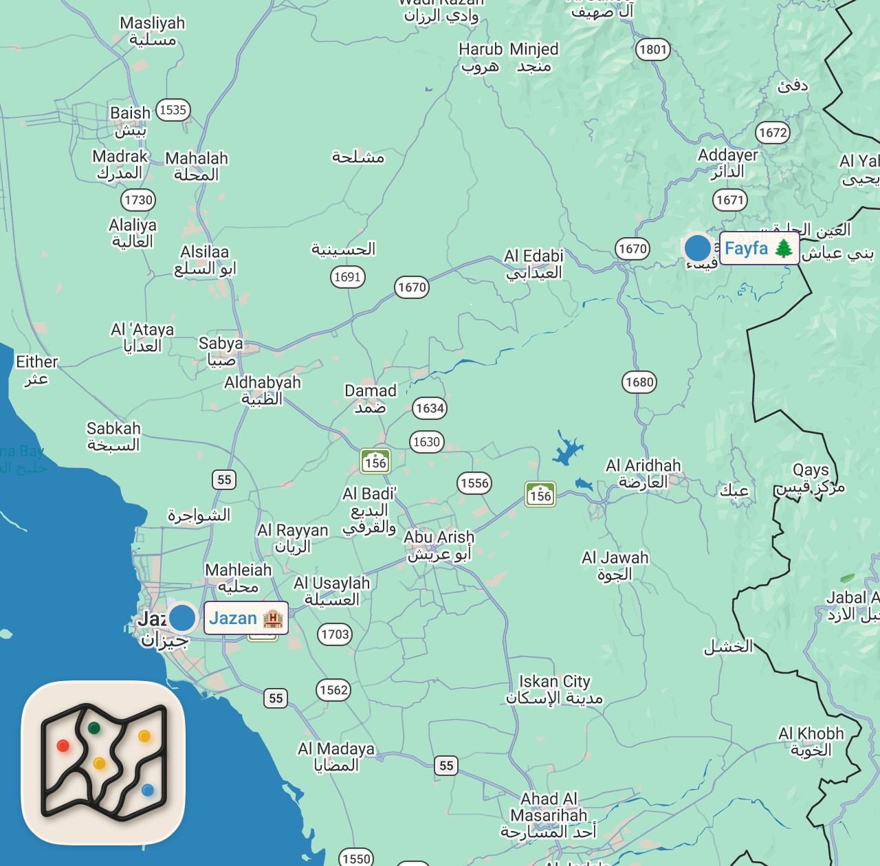 Map of 2 spots from Unseen SAUDI ARABIA Village Food!! Whole Goat RICE PLATTER in Jazan (Yemen Border)!!