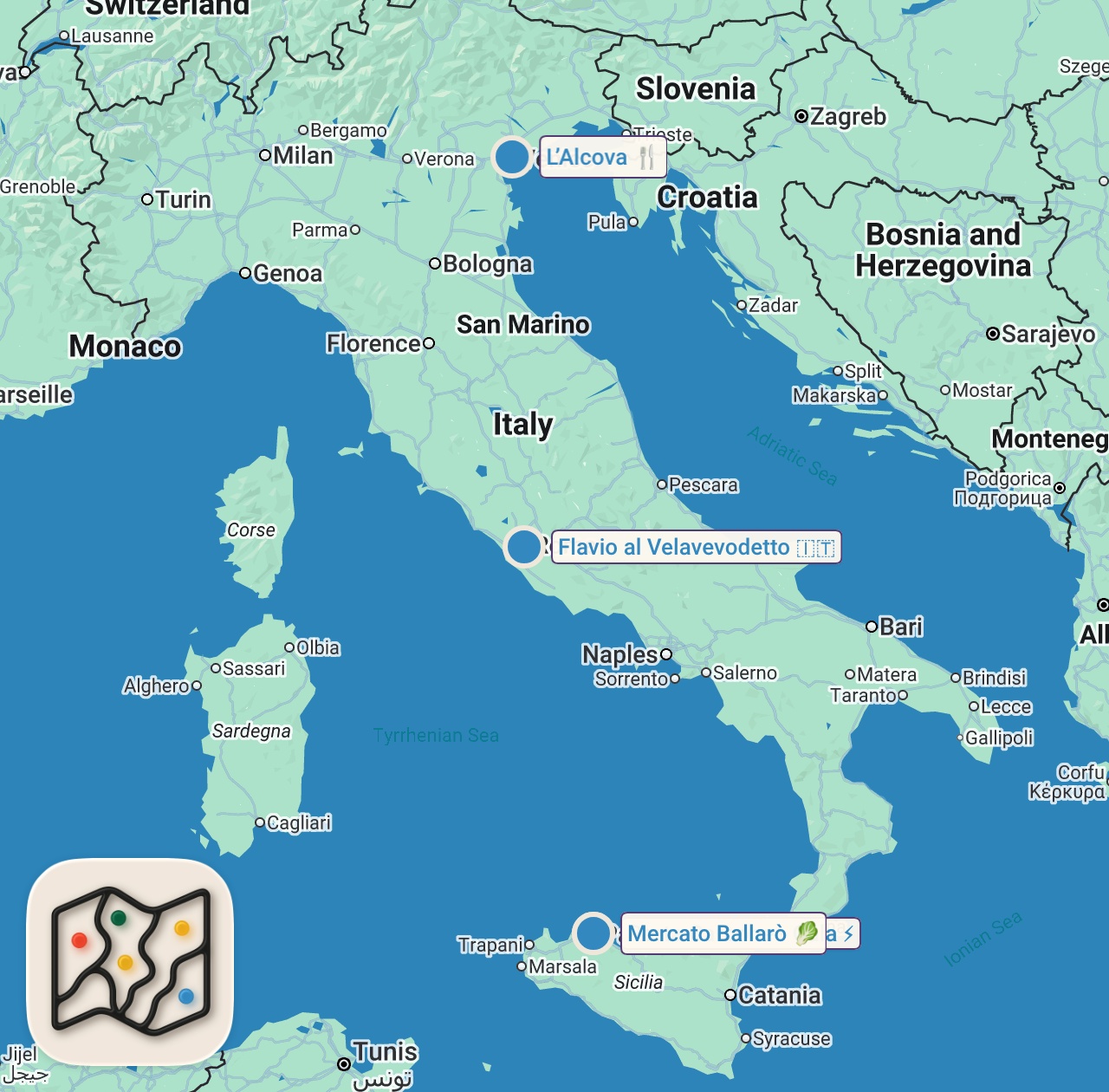 Map of 4 spots from Andrew’s Italian Adventures 🍝 | Bizarre Foods with Andrew Zimmern | Travel Channel