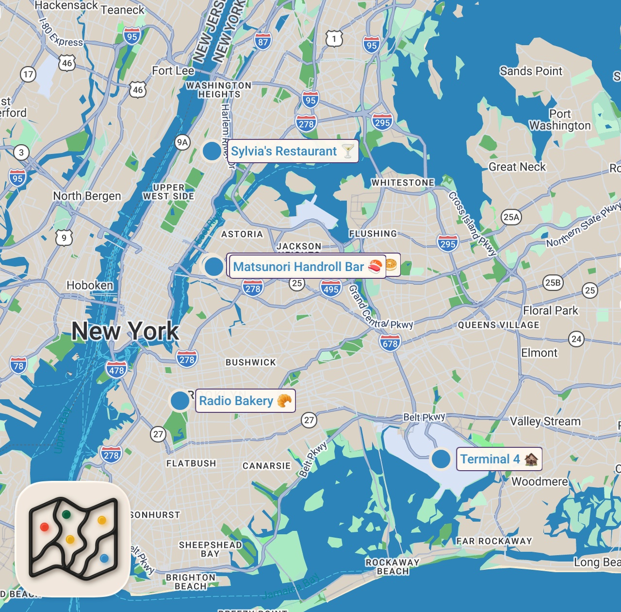 Map of 5 spots from Alone in New York City!