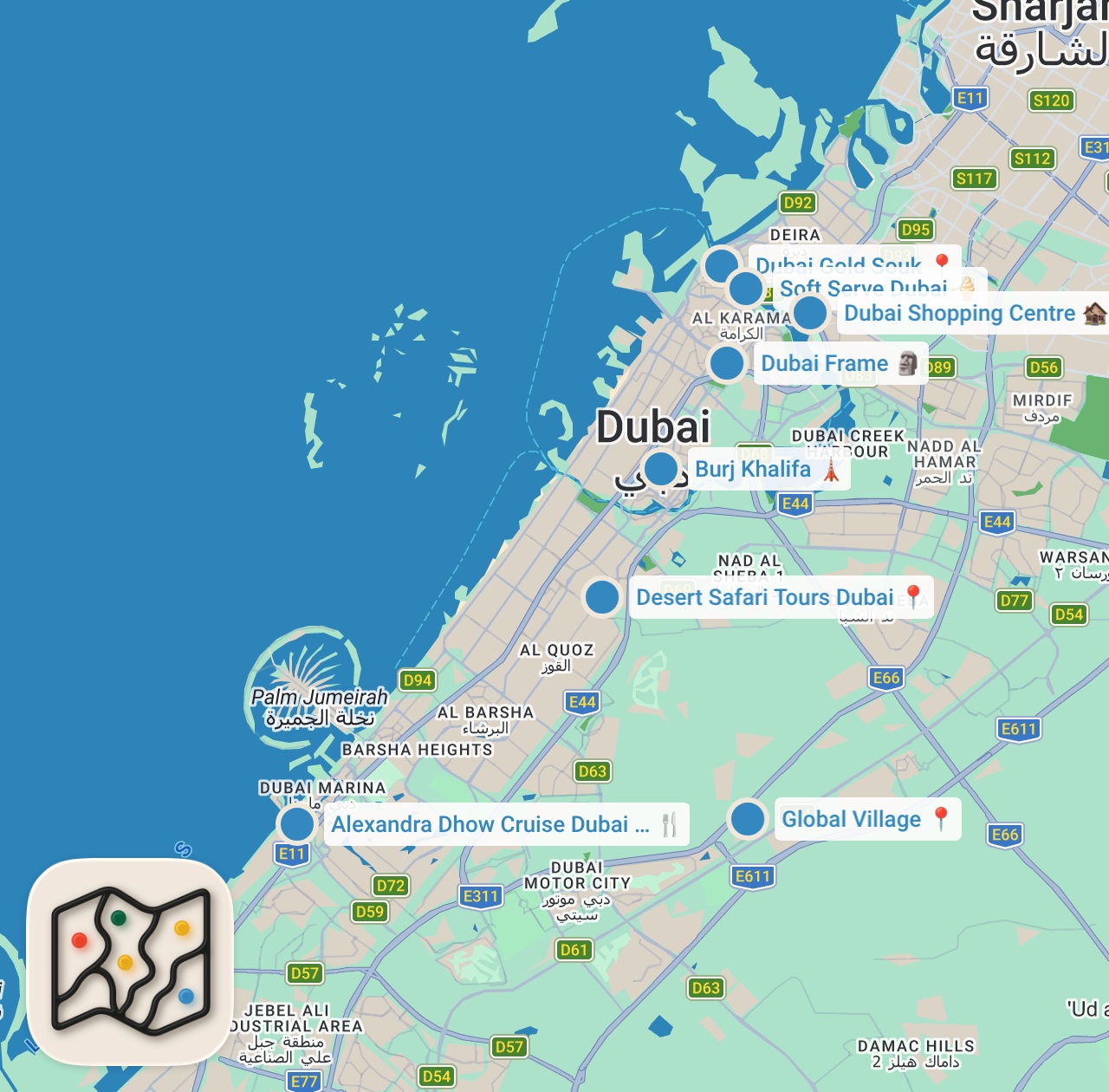 Map preview for Best Shopping places in Dubai | Gift Village, Outlet Mall, Meena Bazar, Gold Souk, Dubai Mall