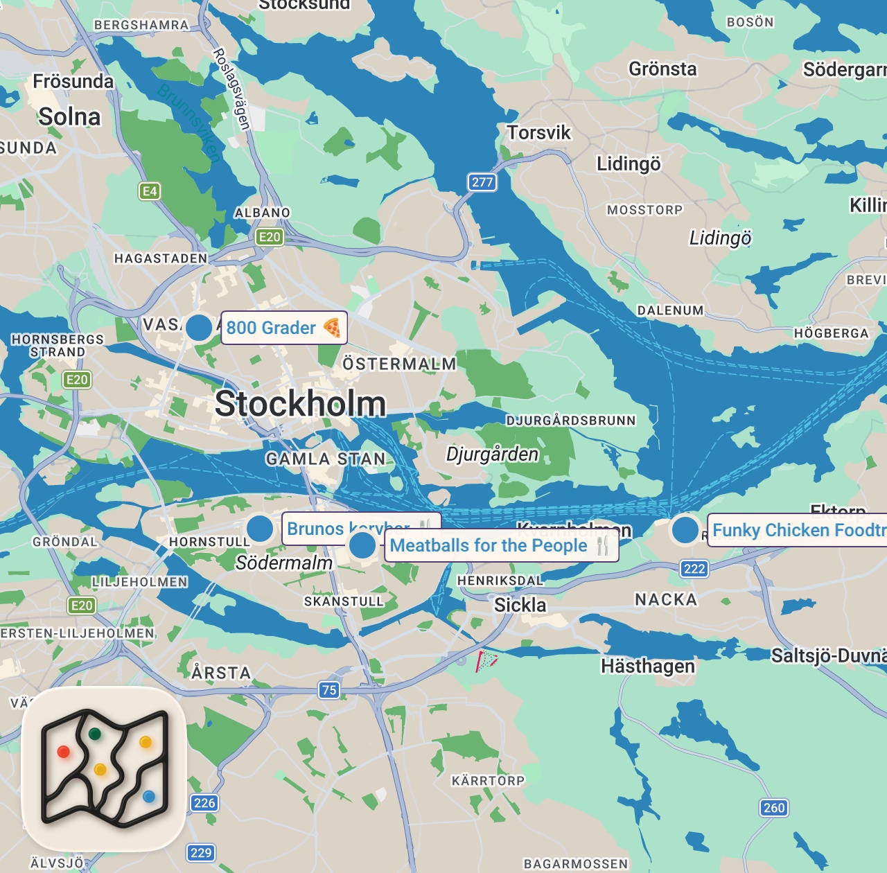 Map of 4 spots from I let my followers decide where I ate in Stockholm