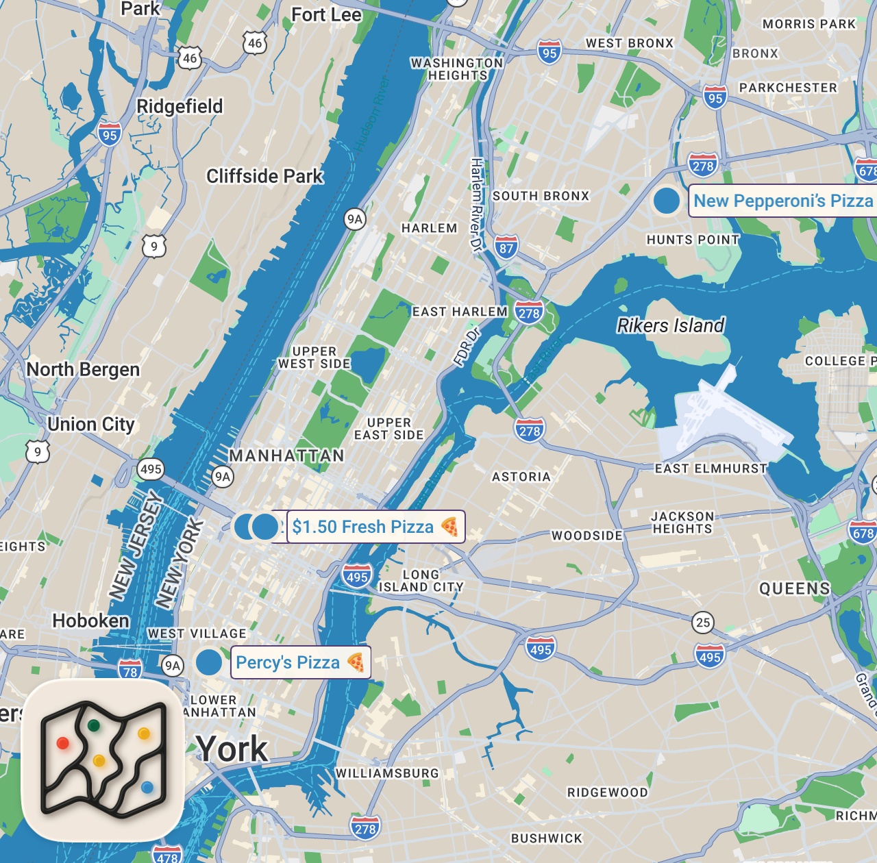 Map preview for BEST $1 PIZZA in New York City CHALLENGE! | DEVOUR POWER