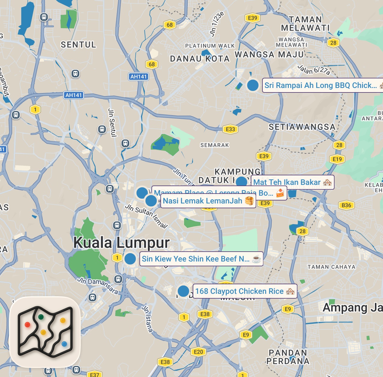 Map of 6 spots from I Ate the Best Malaysian STREET FOOD for 24 Hours in Kuala Lumpur!! 🇲🇾