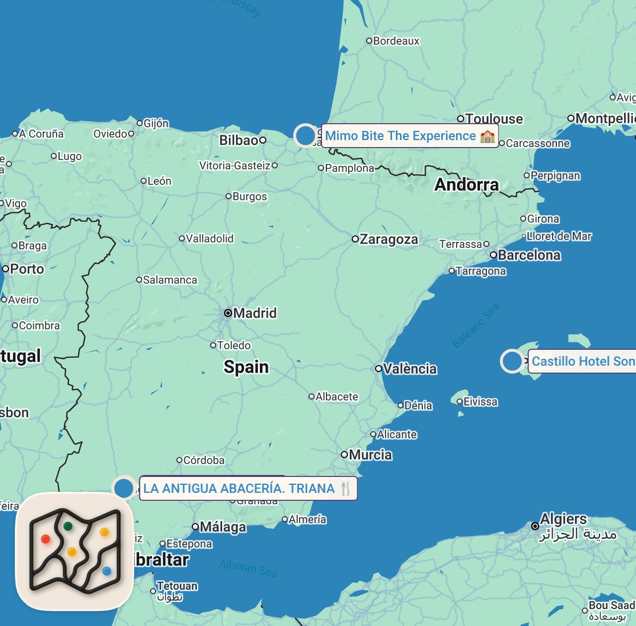 Map of 5 spots from Learning to Cook in Sevilla and Mallorca Spain