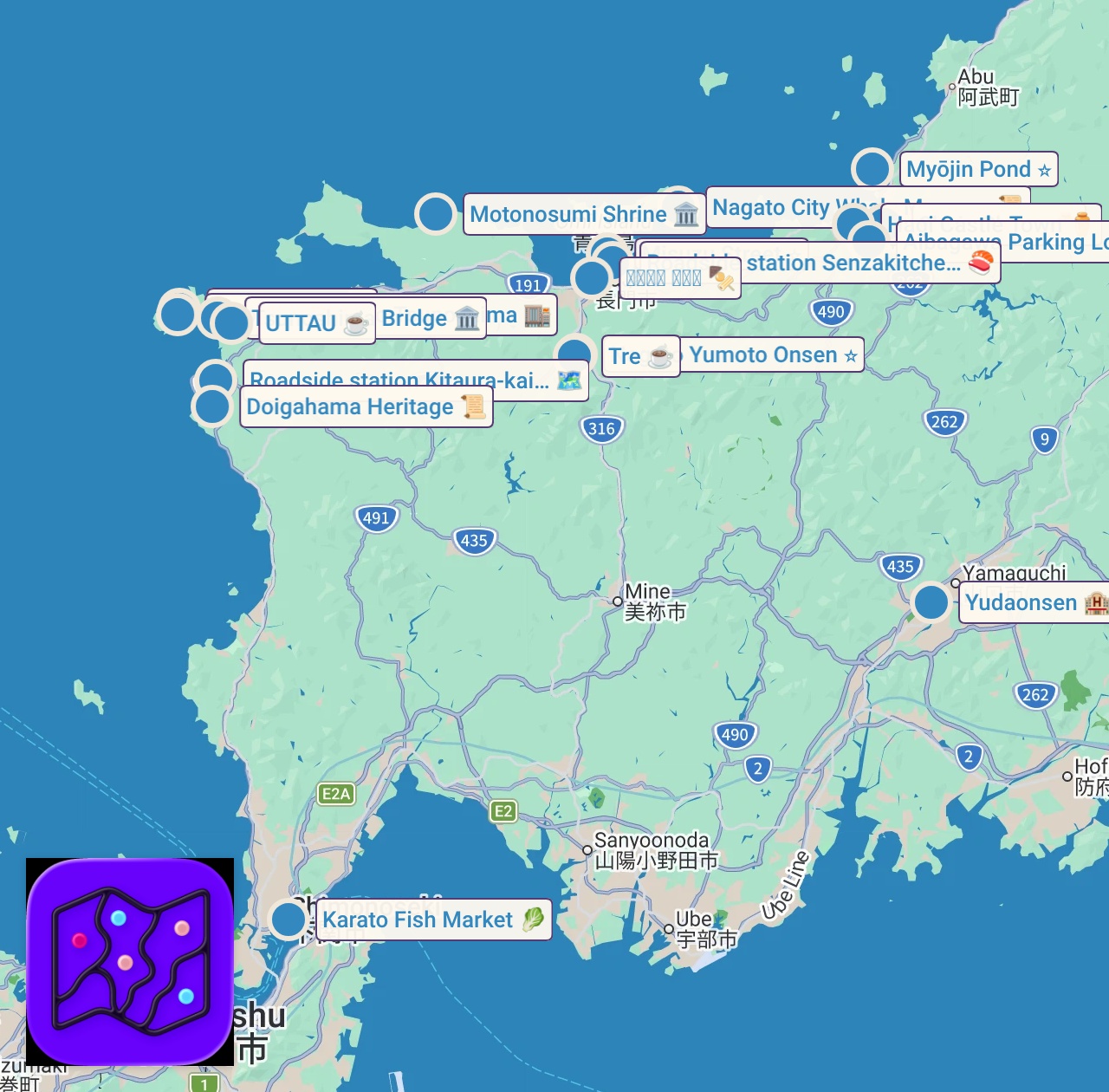 Map of 20 spots from 【山口】INFJ女のひとり旅🌿‬1人が心地よすぎた4日間 | 萩・ 長門 ・下関 | solo trip vlog🗺