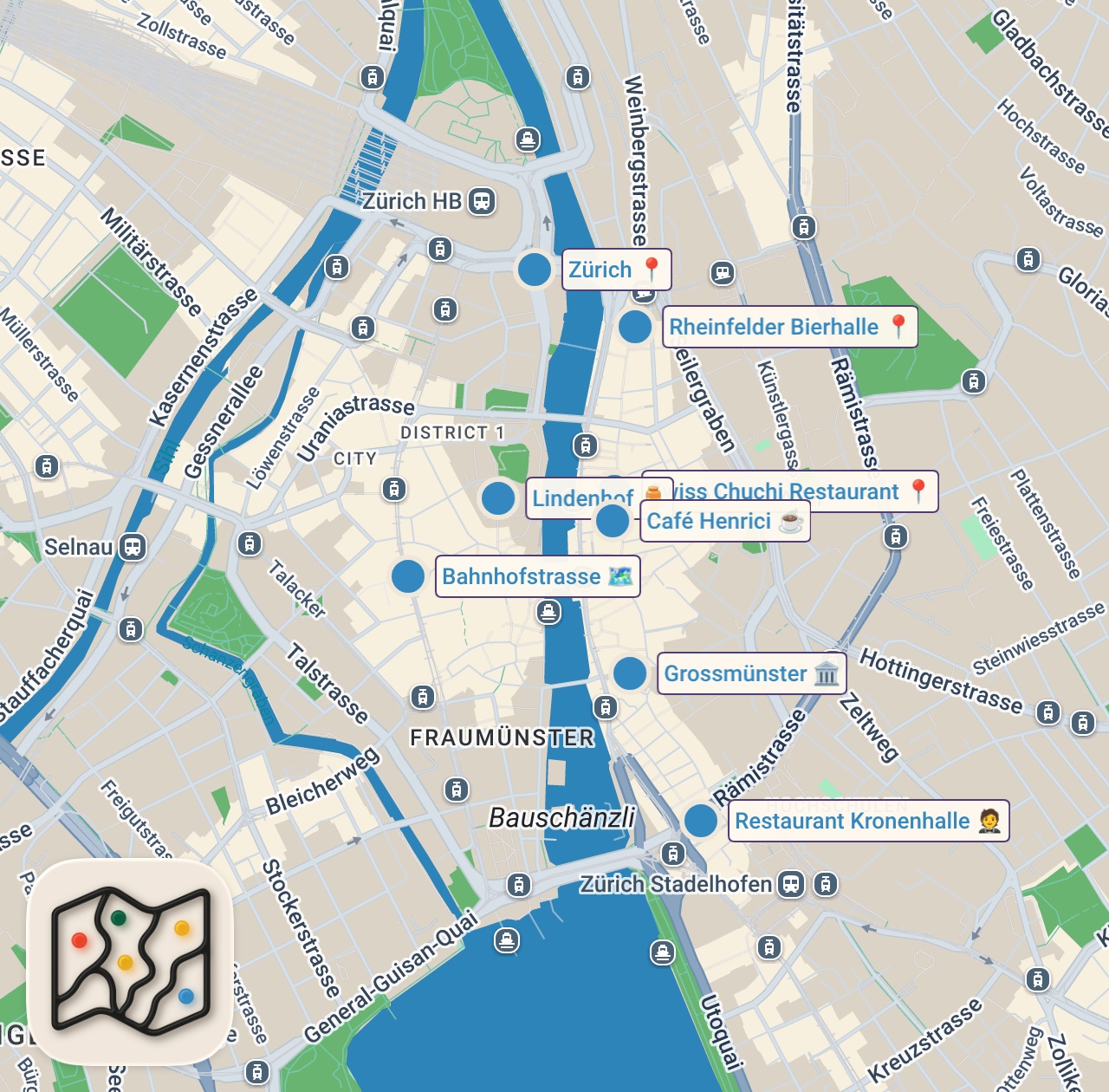 Map of 8 spots from Swiss Food Tour - CHEESE FONDUE and Jumbo Cordon Bleu in Zurich, Switzerland!