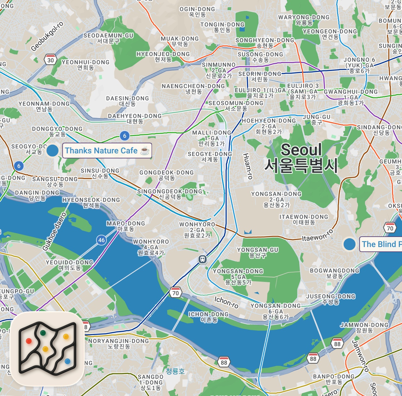 Map of 2 spots from Weird and Wild ANIMAL CAFES of Korea