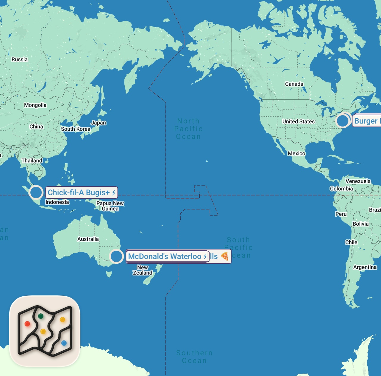 Map of 6 spots from I Try Weird Fast Food Combos *CHIPOTLE EDITION*