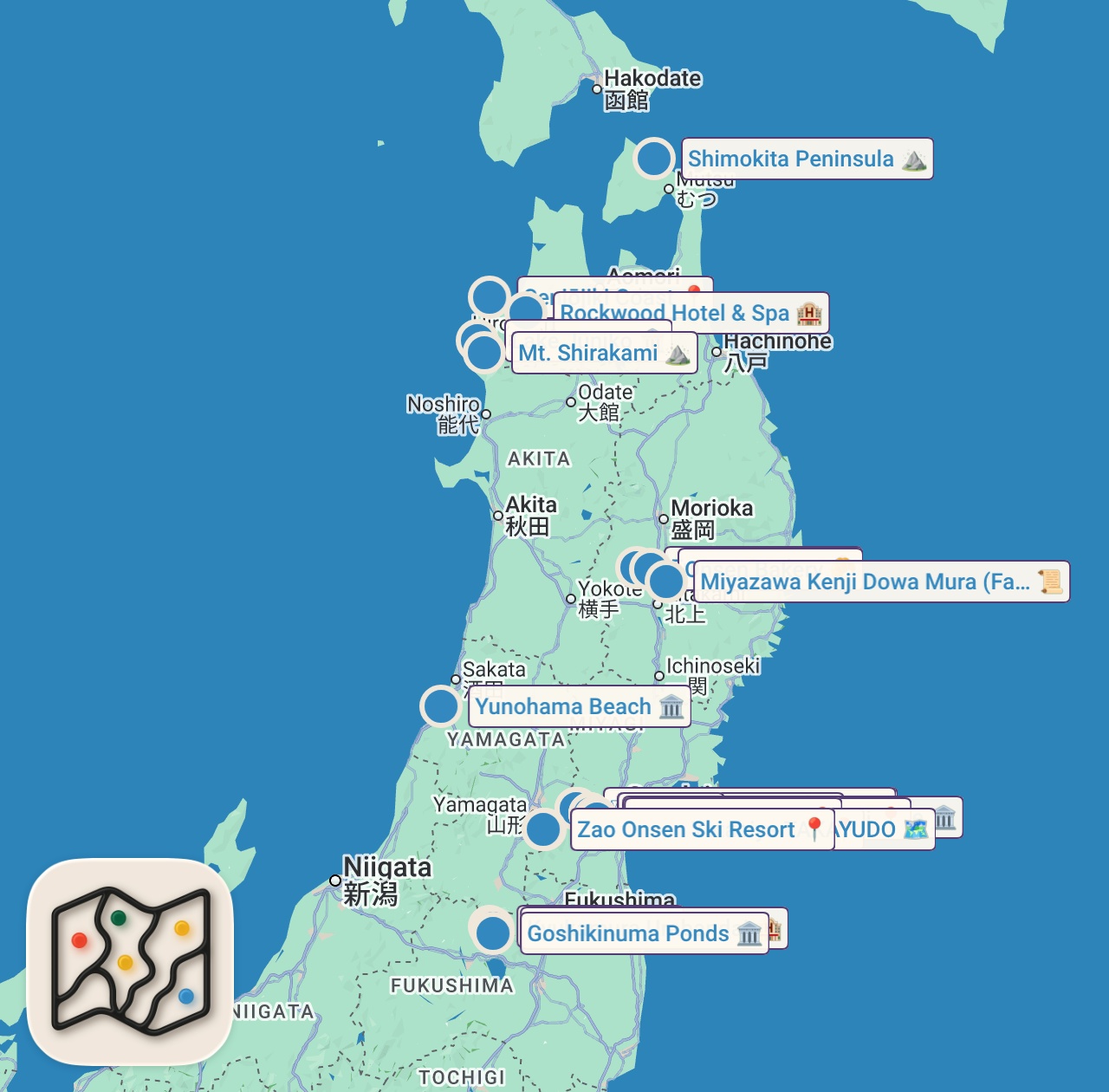 Map of 32 spots from 【東北人気観光地】満足度ランキングトップ10！絶景・グルメも＜2023＞｜観光スポット｜秘境｜国内旅行｜旅行｜おすすめ｜じゃらん