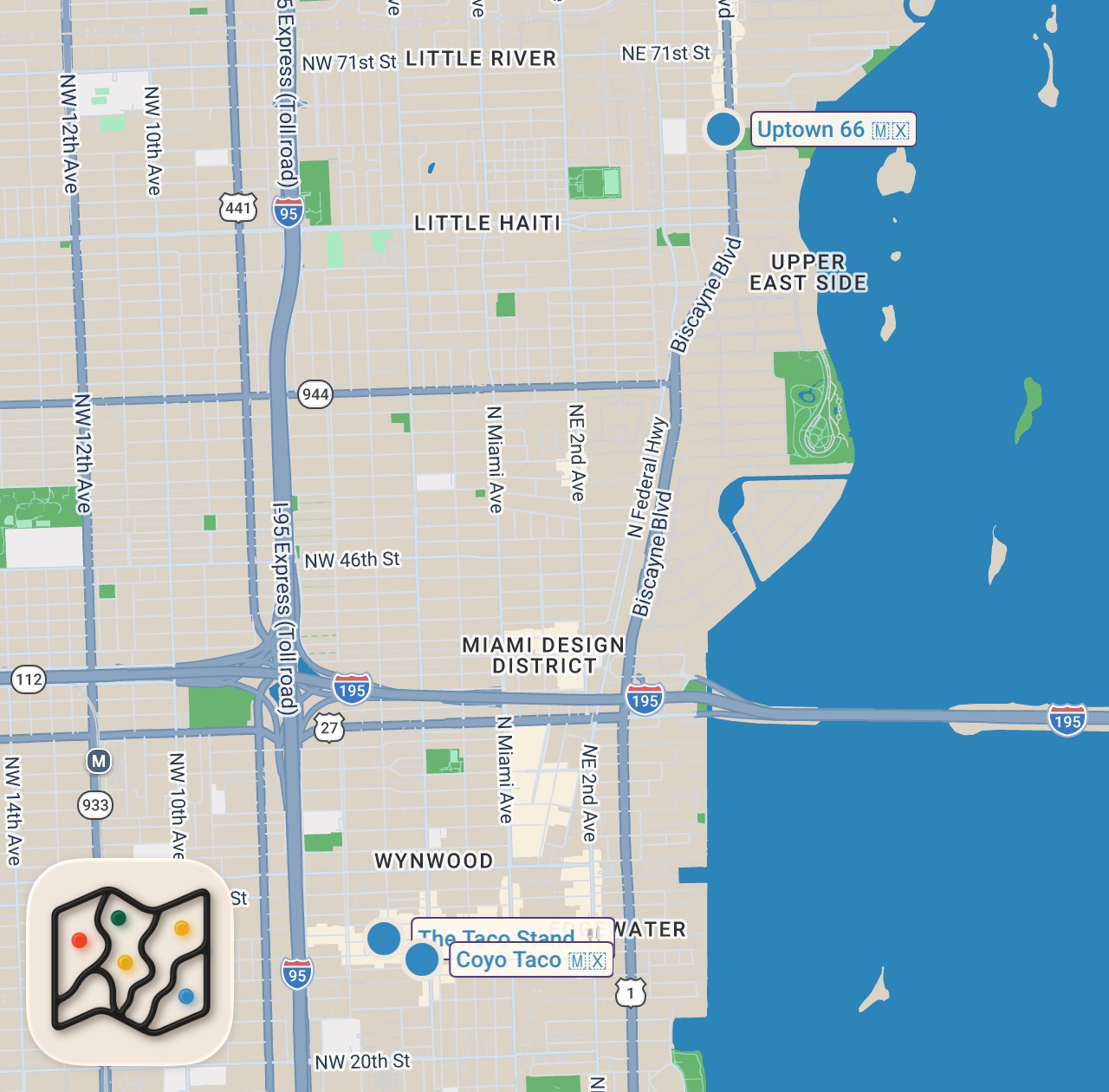 Map of 3 spots from I Try Finding The BEST Burrito In Miami... (Competition)