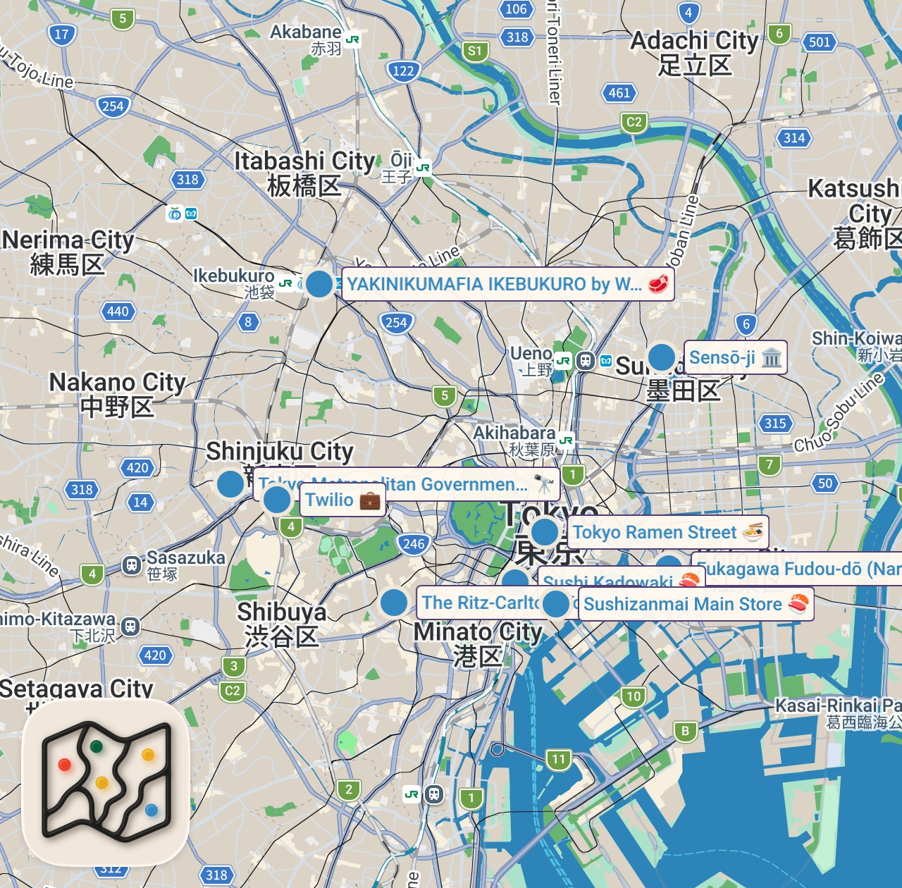 Map of 10 spots from A Local's Guide to the Perfect Tokyo Experience | Internet vs Expert | Condé Nast Traveler