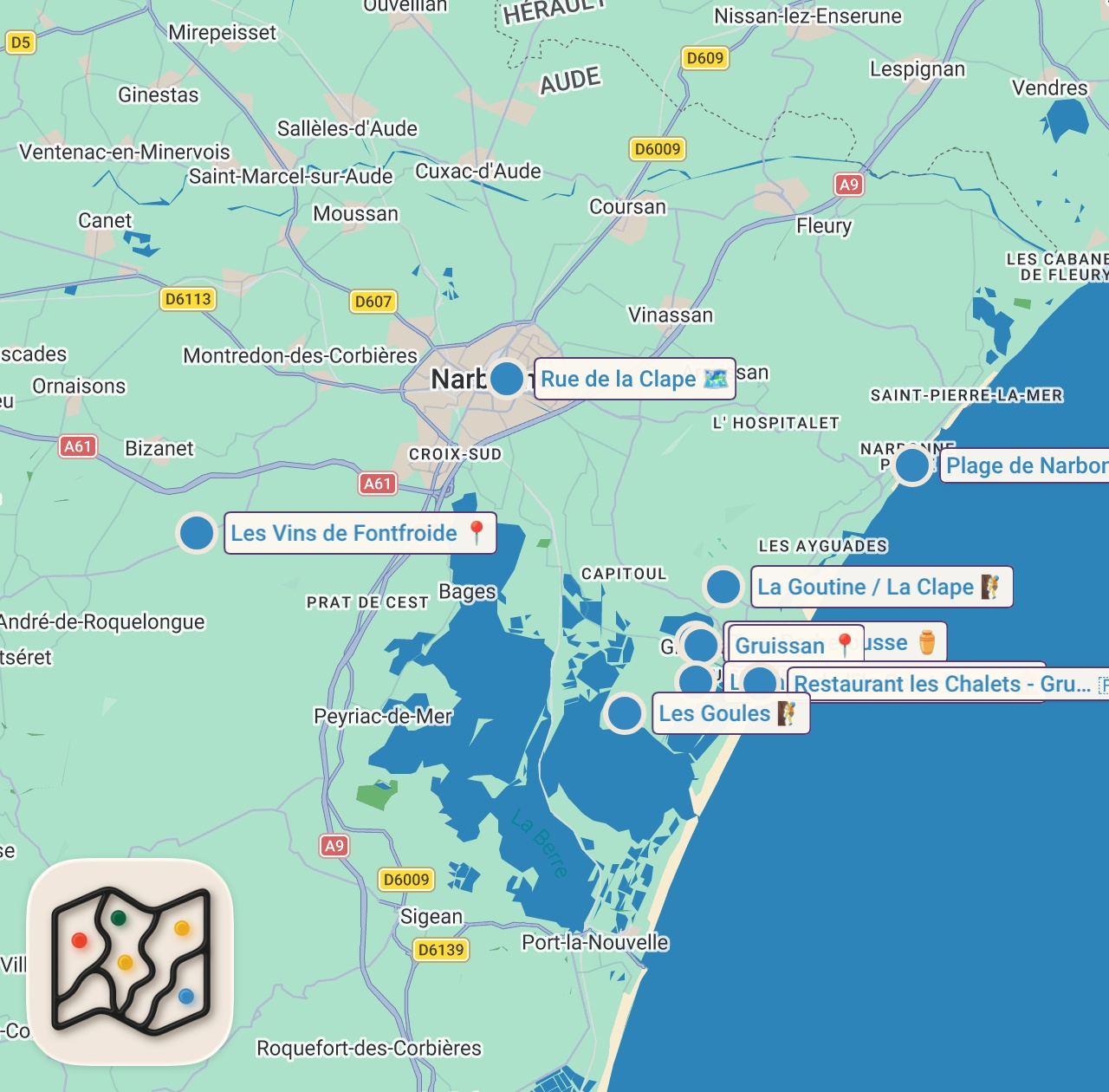 Map of 9 spots from En balade à ...  NARBONNE-Plage et GRUISSAN ; Soleil et Vent
