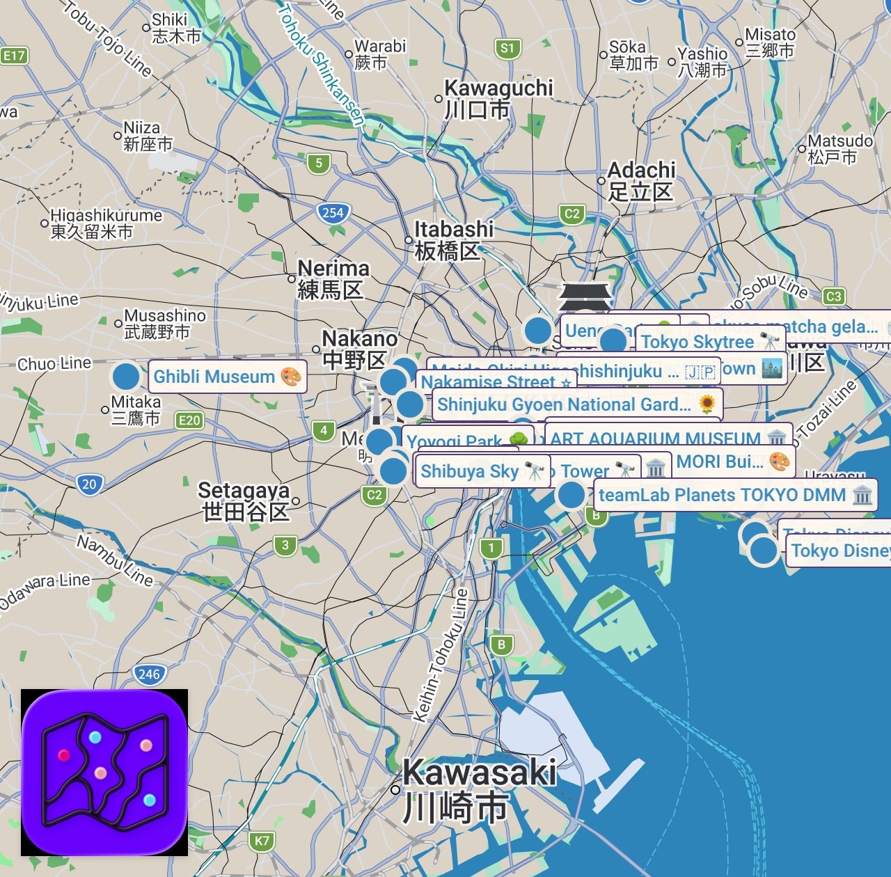 Map of 23 spots from Tokyo 2026 Travel Guide: Places to Visit & Things to Do • Itinerary & Expenses • Budget Japan Vlog
