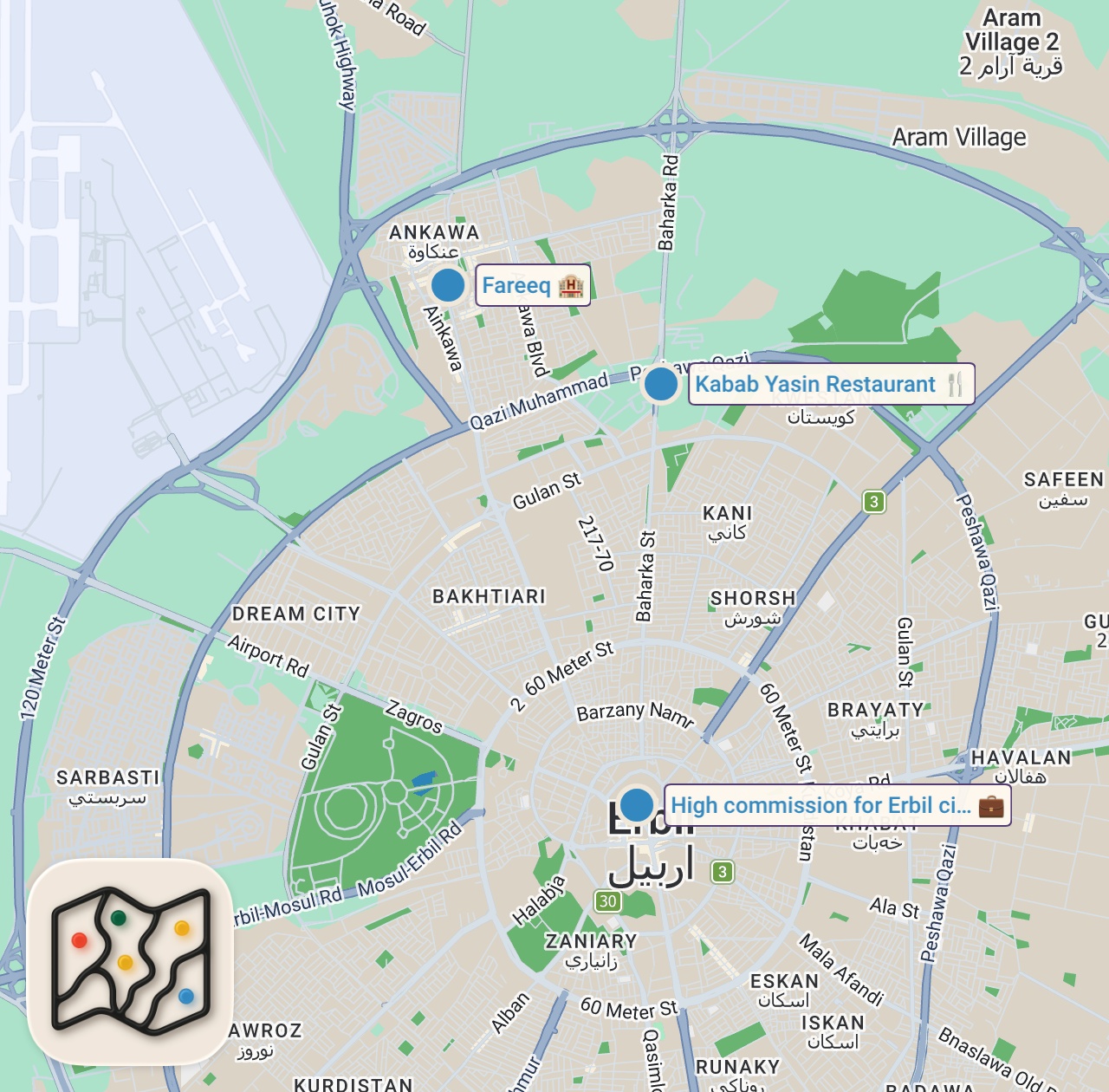 Map of 3 spots from I Invited My Taxi Driver In Kurdistan For Dinner And This Happened - Erbil, Iraq 🇮🇶