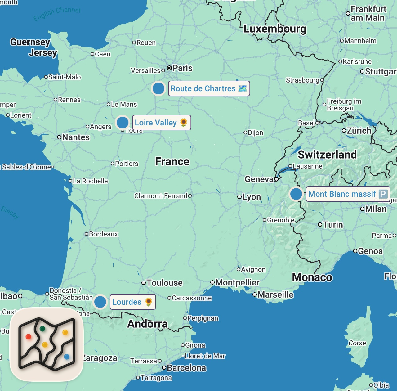 Map of 4 spots from 20 Must-See Places to Visit in France (Our Bucket List)