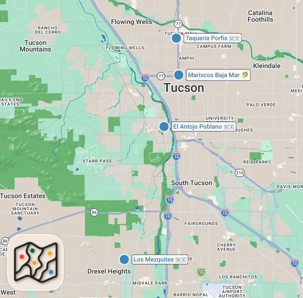 Map of 4 spots from Mexican Street Food - SEAFOOD TOWER!! 🦐 Burritos, Tacos + Ceviche in Tucson, Arizona!!