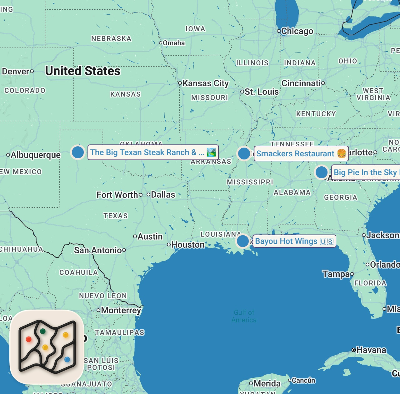 Map of 4 spots from Adam's Best Food Challenges in the South | Man v. Food | Travel Channel