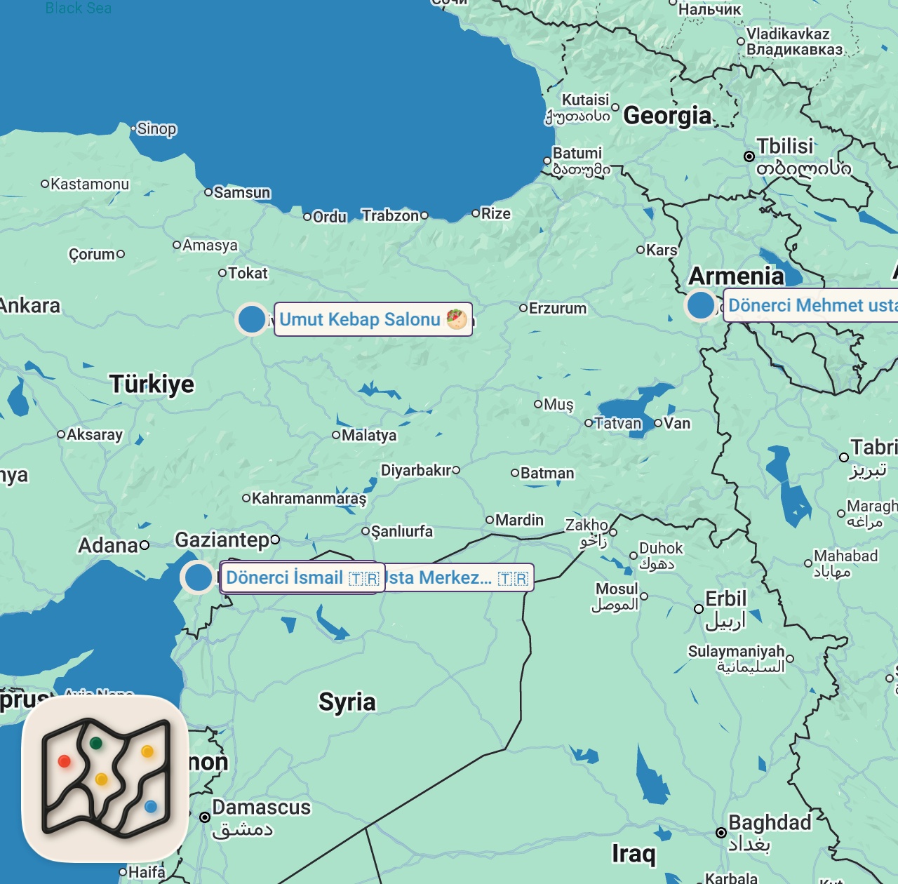 Map of 5 spots from İSKENDERUN SANAYİ LEZZETLERİ!!! 1 GÜNDE DÜNYALARI YEDİK!!!